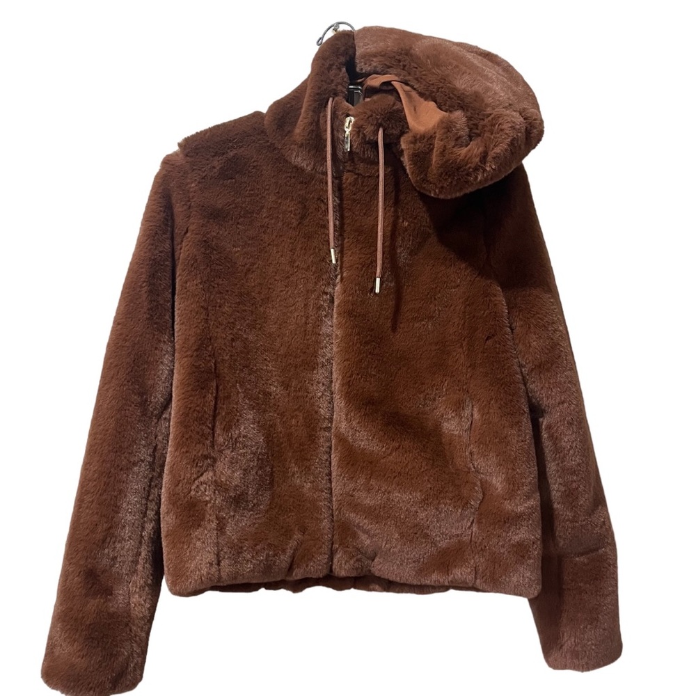 Rachel Zoe Faux Fur Hooded Long Sleeved Lined Coat Women’s Size Small Brown NWT